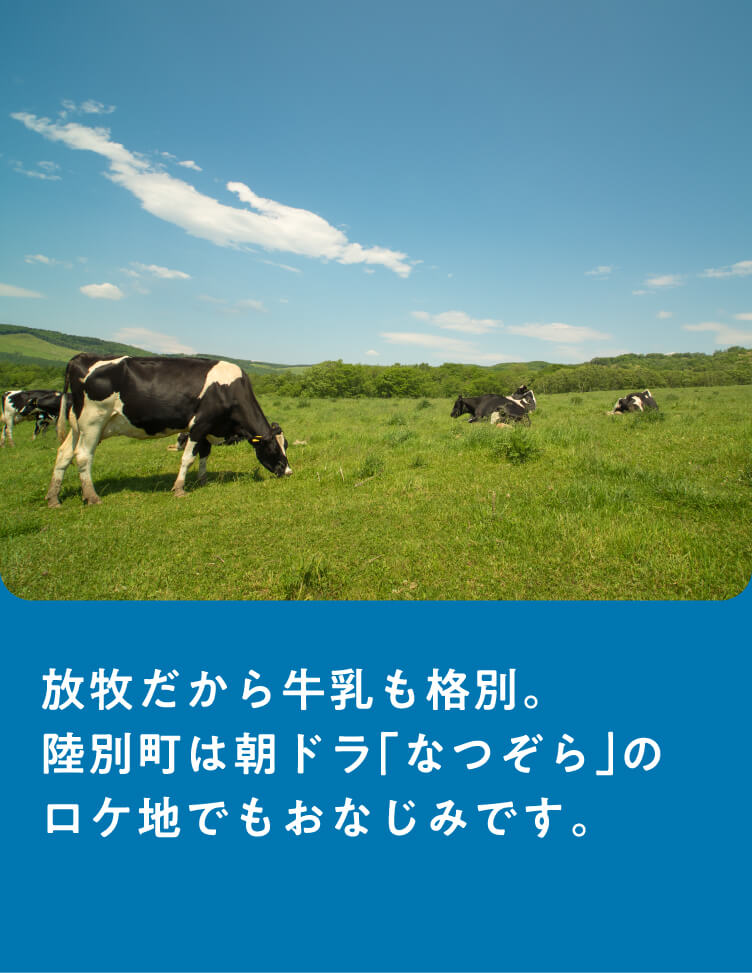 放牧だから牛乳も格別。陸別町は朝ドラ「なつぞら」のロケ地でもおなじみです。